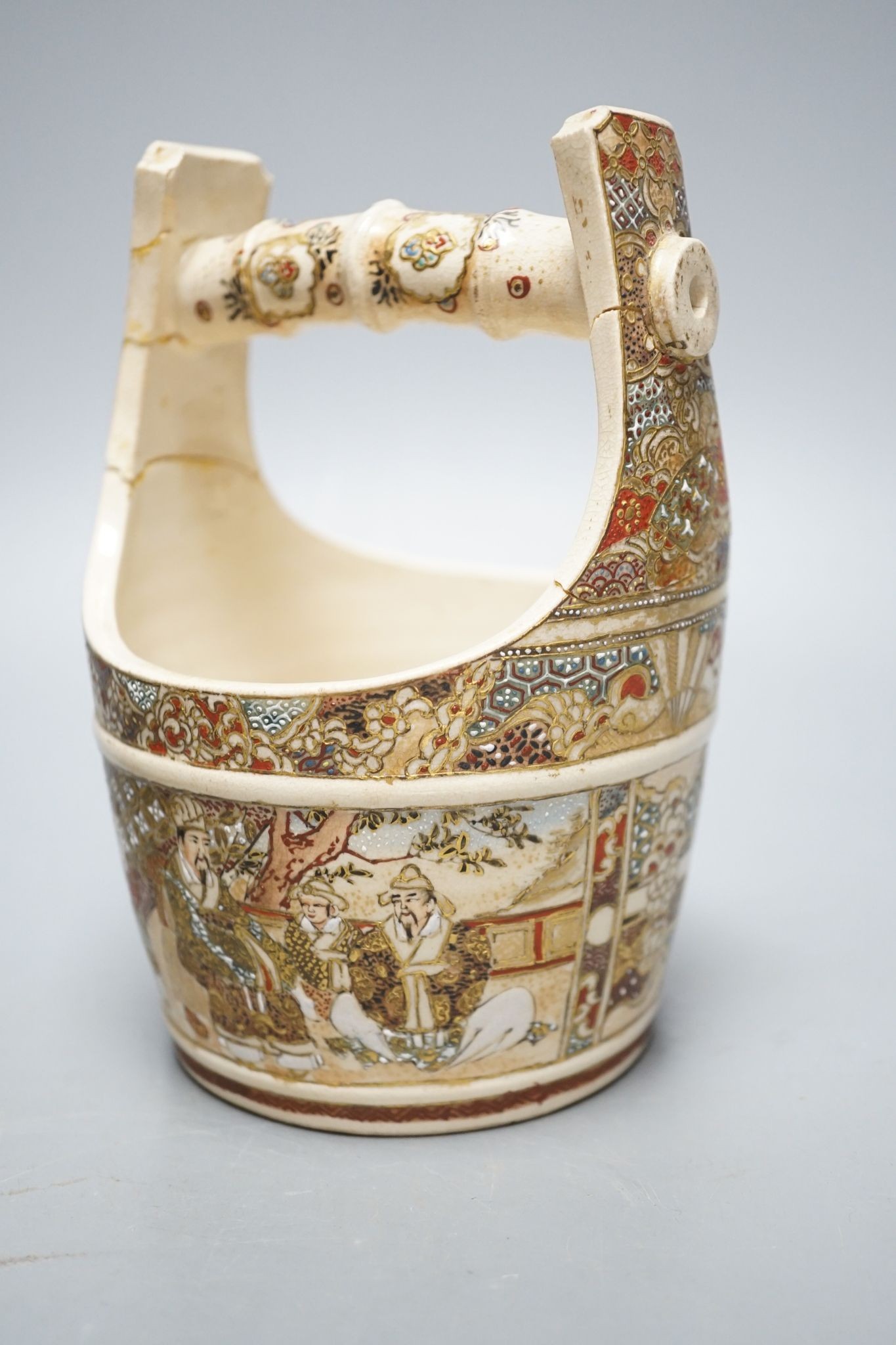 A Chinese famille verte jar, a Chinese enamelled porcelain stem dish, a famille rose cup and a Japanese Satsuma pottery model of a bucket, tallest 15.5cm